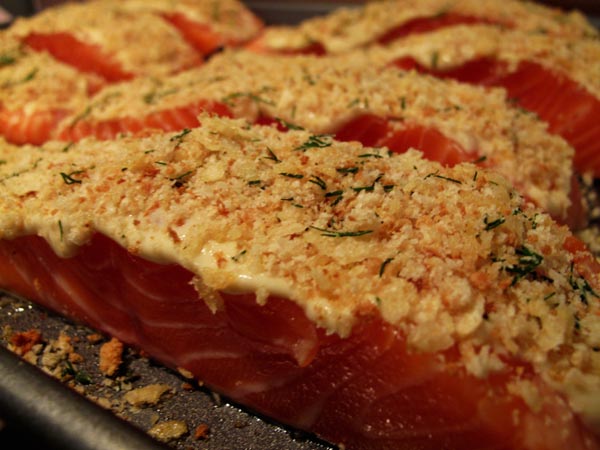 Salmon fillets coated