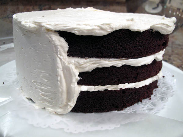 Triple Layer Chocolate Cake half frosted