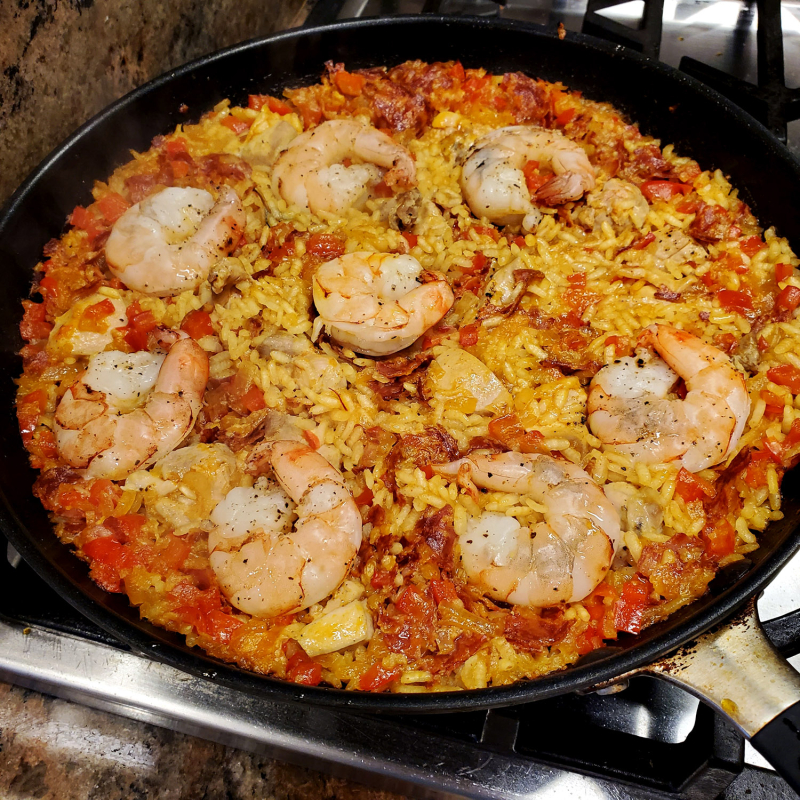 Quick Skillet Paella shrimp layer