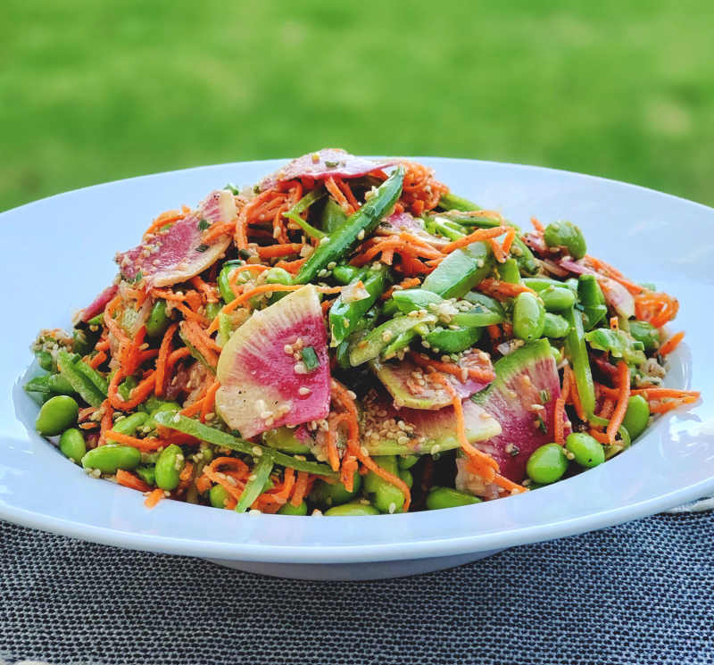 Edamame Snap Pea Salad Watermelon Radishes Sesame Dressing photo