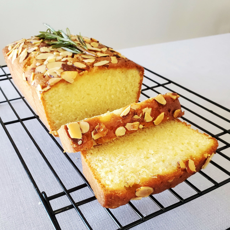 Lemon Almond Loaf Cake Rosemary Drizzle Cake sliced