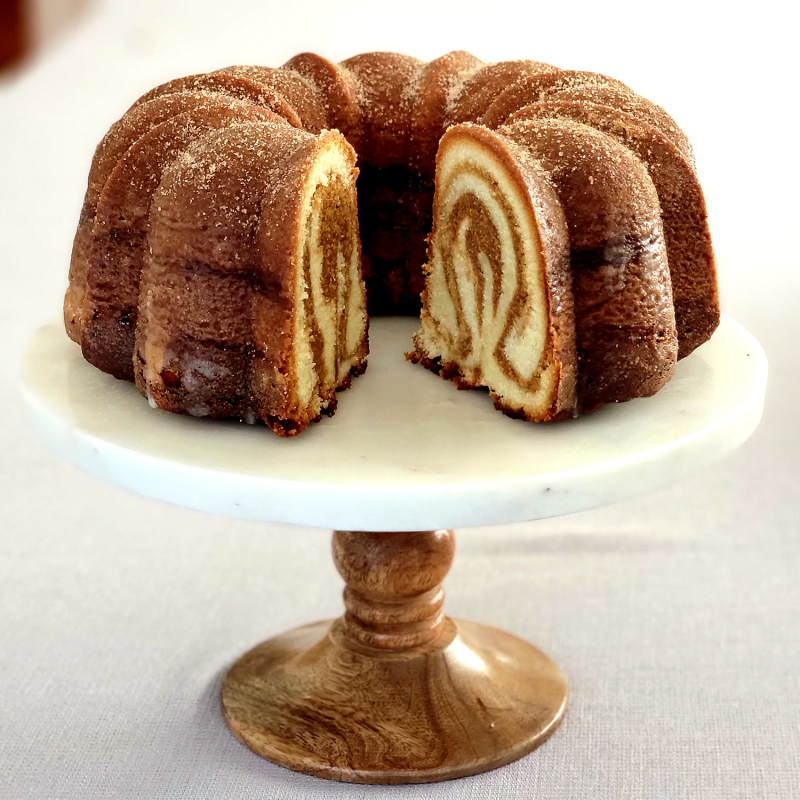 Maida Heatter Inspired Marbleized Spice Bundt Cake stand